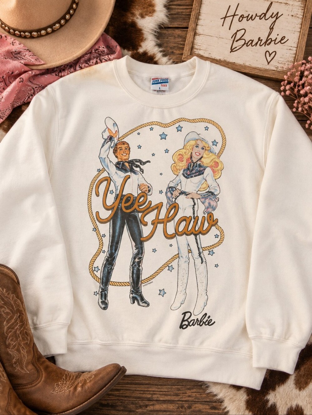 Junk Food Barbie Yee Haw Cowgirl Western Graphic Sweatshirt L